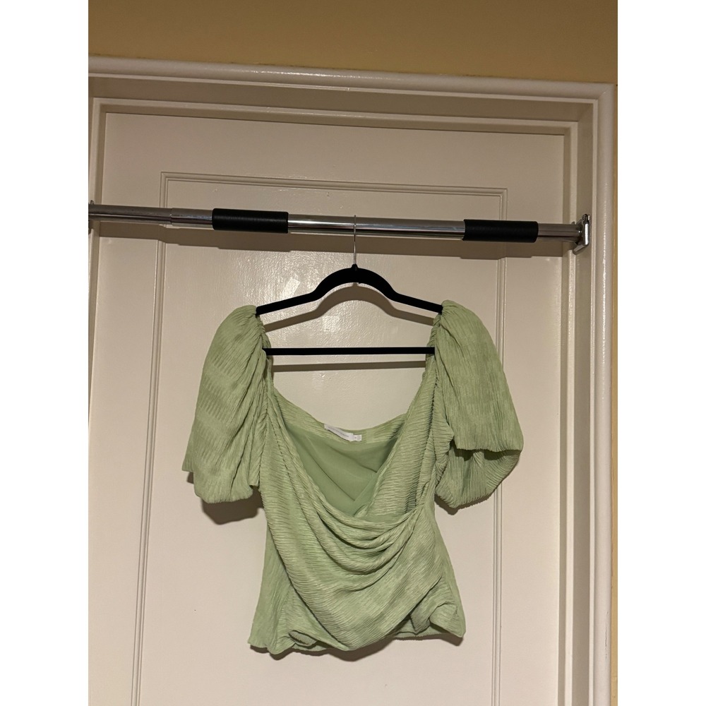 Jonathan Simkhai Sage Green Ruched Blouse Top Puff Sleeve Sweetheart Neck Size 8